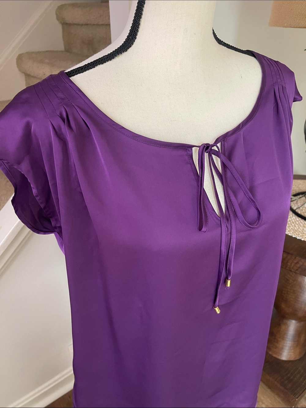 New York & Co Purple Capped Sleeve Blouse with Rounded Neckline & Front Tie Med